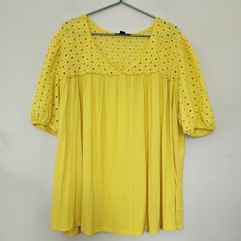 Roaman's Women Yellow Eyelet Lace Babydoll Top Plus Size 3X 30/32 V-Neck Blouse